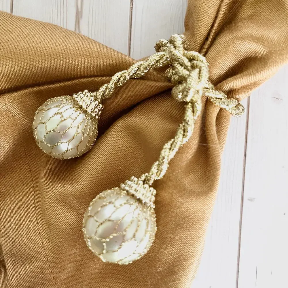 Set of 4 Gold Rope and Netted Pearl Adjustable Napkin Rings Glam Bling Festive